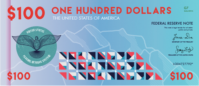 Reimagined $100 bill with stars and stripe pattern and dove illustration