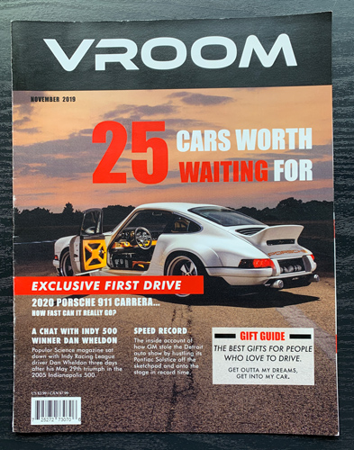 Designed magazine for car-lovers called “Vroom” with a cover and inside spread
