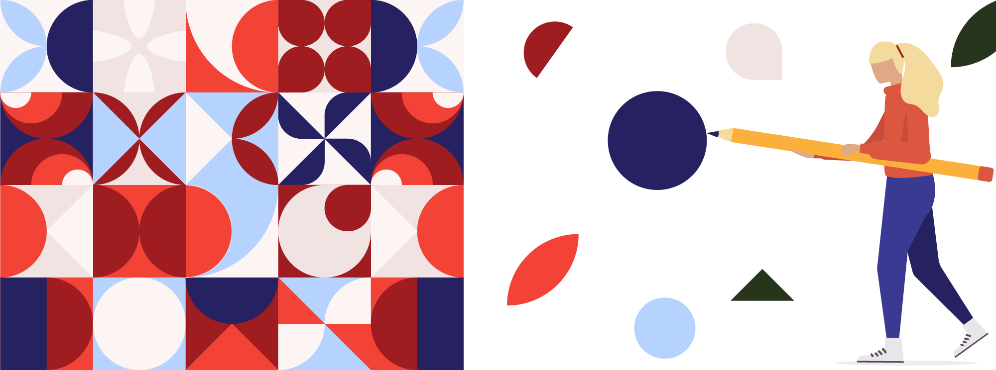 Illustration of a woman with a giant pencil drawing a retro pattern