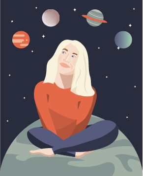 Illustrated image of a woman sitting on a planet in spcae